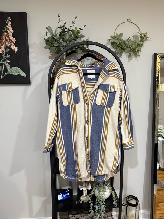 aerie Jackets & Blazers - Aerie Oversized Striped Shirt Jacket | Blue & Cream | Size Medium | Shacket
